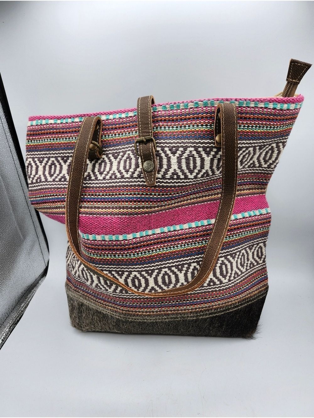 Myra Stripe Tote Bag with Brown Leather & Fur Cowhide